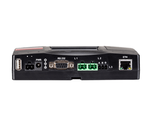 החלק התחתון של מתאם CoolMaster Pro, החיבורים מימין לשמאל, חיבור לכבל רשת, חיבור של L2 ו-L1, חיבור RS-232, חיבור חשמל DC, חיבור חשמל AC, חיבור USB